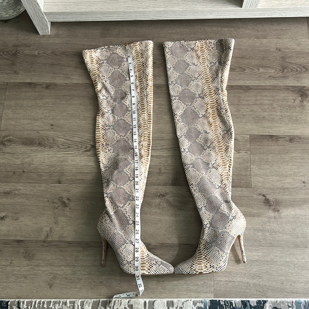 Fashion Nova thigh high snake print boots